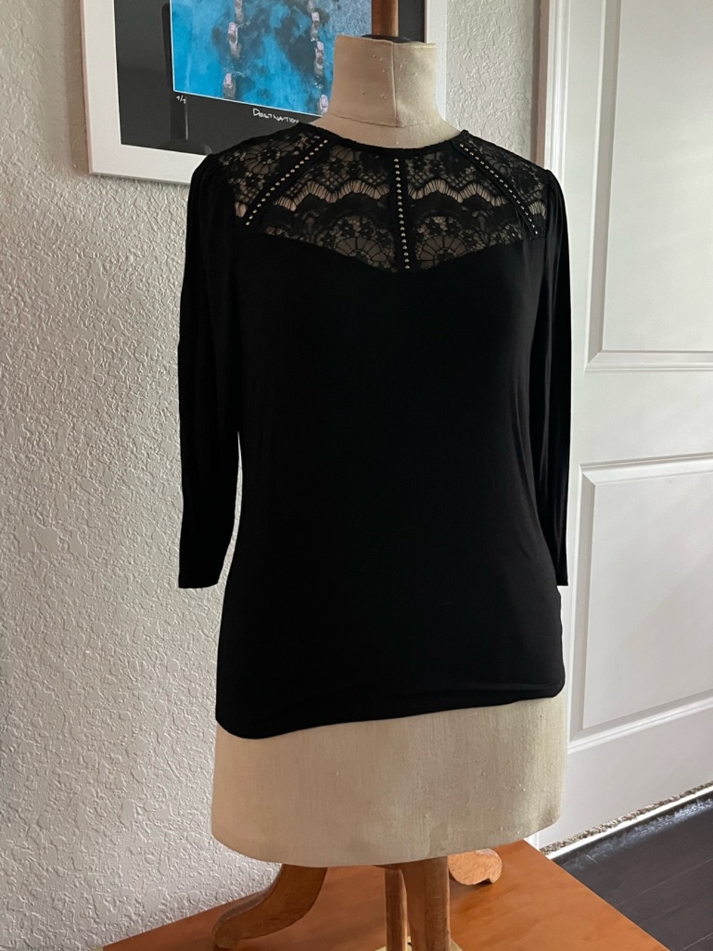 Black Lace Yoke Women's Top Dark Academia Size Large